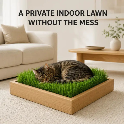 Indoor Grass Oasis Wooden Pet Bed with 20 Full-Size Washable Grass Mats