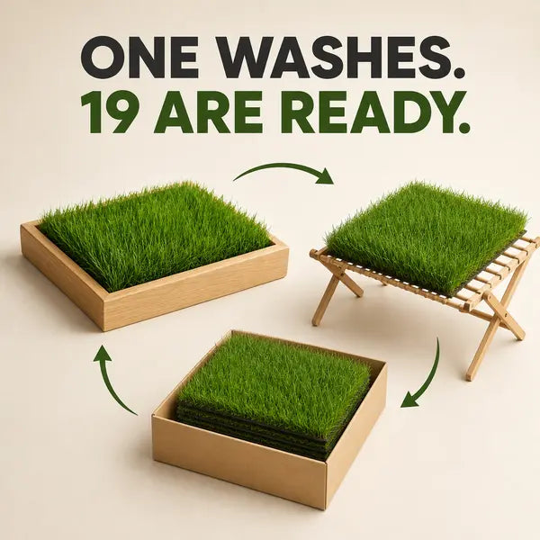 Indoor Grass Oasis Wooden Pet Bed with 20 Full-Size Washable Grass Mats