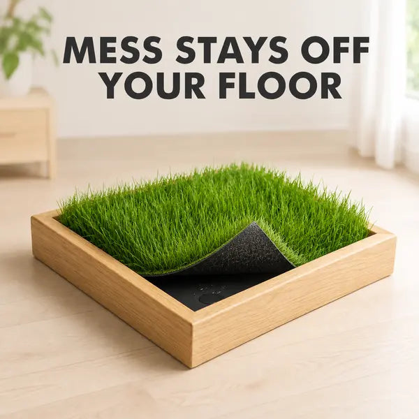 Indoor Grass Oasis Wooden Pet Bed with 20 Full-Size Washable Grass Mats