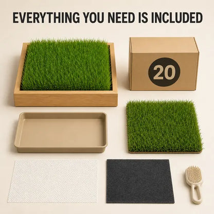 Indoor Grass Oasis Wooden Pet Bed with 20 Full-Size Washable Grass Mats