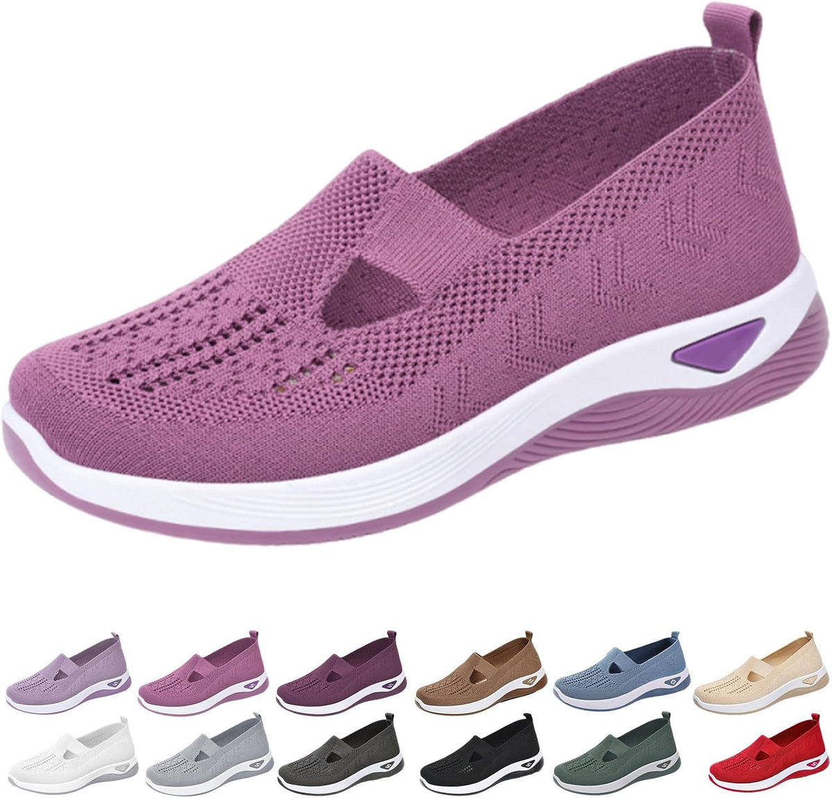 12-Pair Women’s Comfort Walking Shoes Collection – 12 Colors, Hands-Free Slip-On Knit Shoes with Arch Support