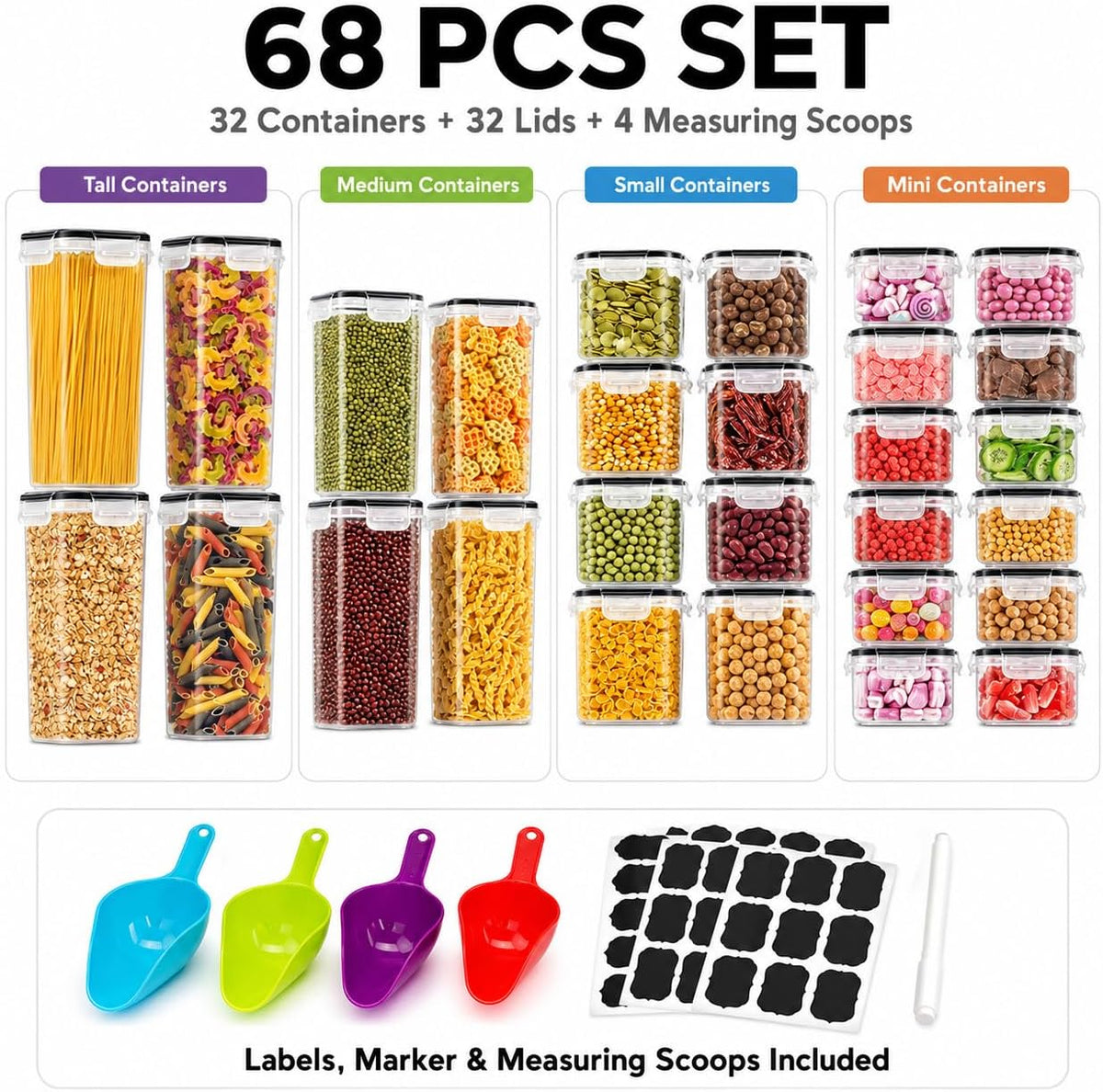 PantryVault™ 68-Container Mega Airtight Food Storage System – 6 Sizes, 68 Locking Lids & Complete Labeling Kit