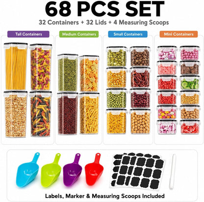 PantryVault™ 68-Container Mega Airtight Food Storage System – 6 Sizes, 68 Locking Lids & Complete Labeling Kit