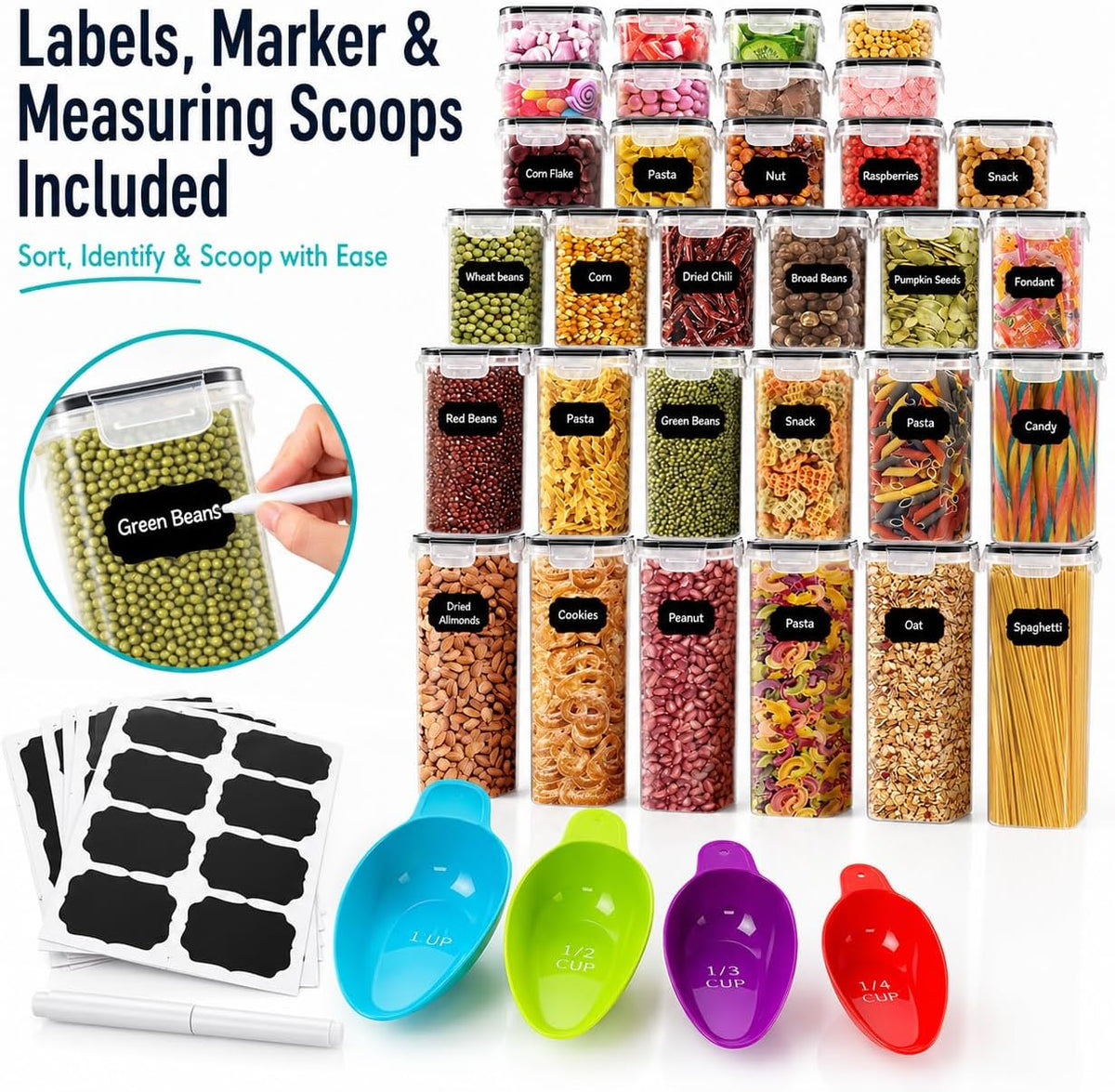 PantryVault™ 68-Container Mega Airtight Food Storage System – 6 Sizes, 68 Locking Lids & Complete Labeling Kit