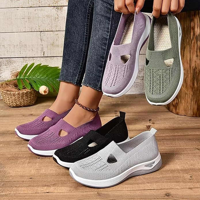 12-Pair Women’s Comfort Walking Shoes Collection – 12 Colors, Hands-Free Slip-On Knit Shoes with Arch Support